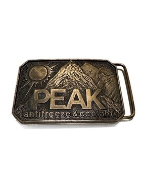 Vintage 70s 80s Bronze Belt Buckle PEAK Antifreeze + Coolant Mountain Graphic